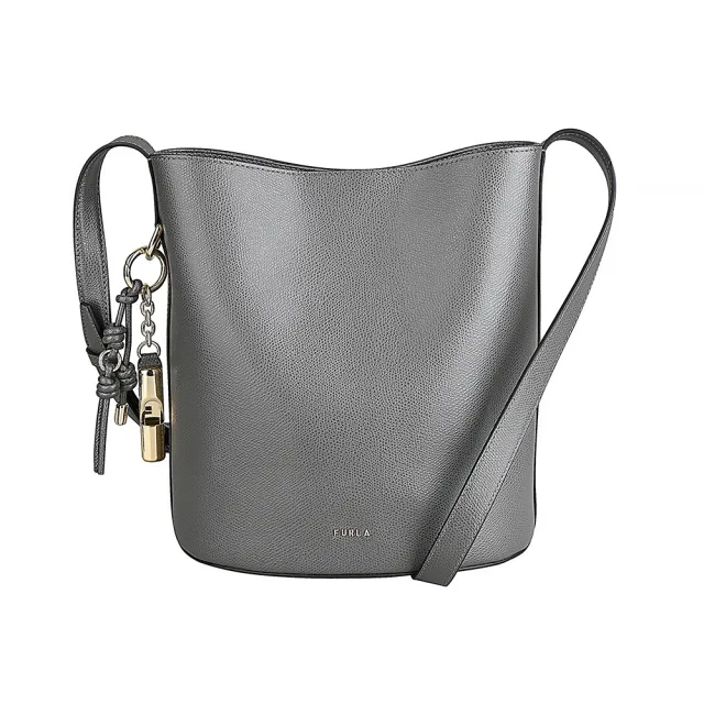 【FURLA 芙拉】FURLA 金字LOGO Roxie系列小牛皮磁釦式斜背/肩背水桶包(小/都市灰)