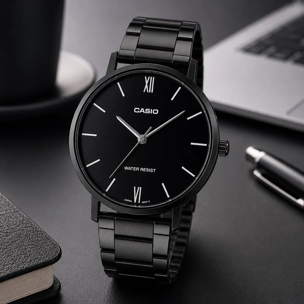 【CASIO 卡西歐】MTP-VT01B-1B 簡約時尚 全黑不銹鋼錶帶男指針錶(錶殼約4.0公分)