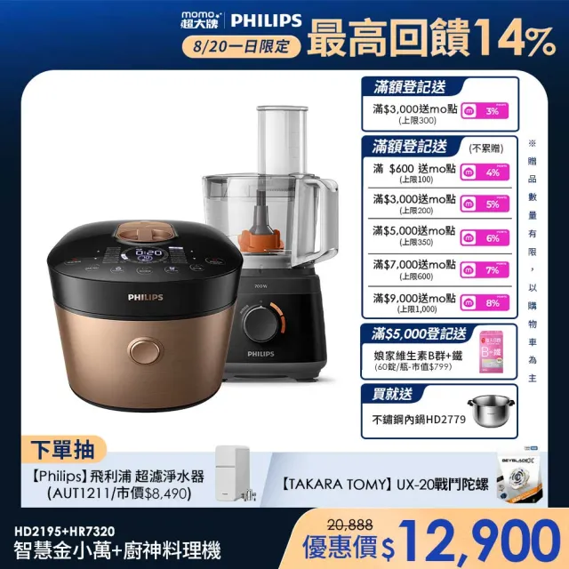 【Philips 飛利浦】抽UX20戰鬥陀螺_智慧萬用鍋-金小萬+廚神料理機_HD2195+HR7320