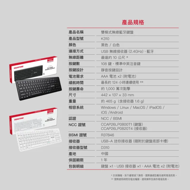 【Gigastone 立達國際】K310 無線藍牙鍵盤(雙模/人體工學水滴型鍵帽/靜音巧克力按鍵/黑白2色任選)