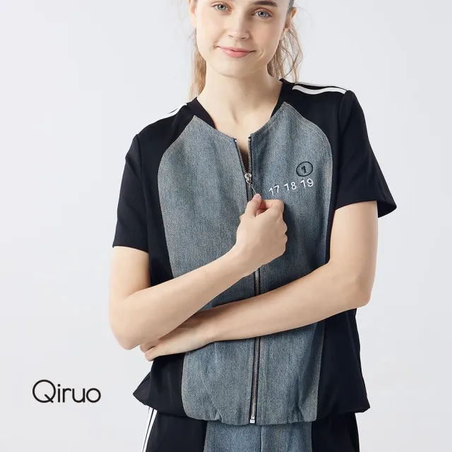 【Qiruo 奇若名品】牛仔雙布料車縫 短袖拉鍊式牛仔上衣6005A 