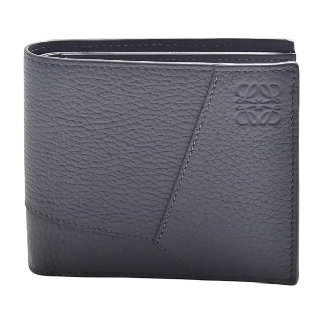 【LOEWE 羅威】經典Puzzle品牌LOGO壓印粒面小牛皮對折短夾(8卡-藍灰色)