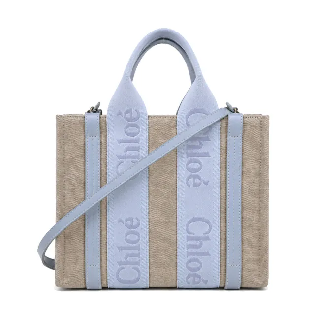 【Chloe’ 蔻依】Woody tote bag 新款帆布兩用托特包(小號/灰藍)