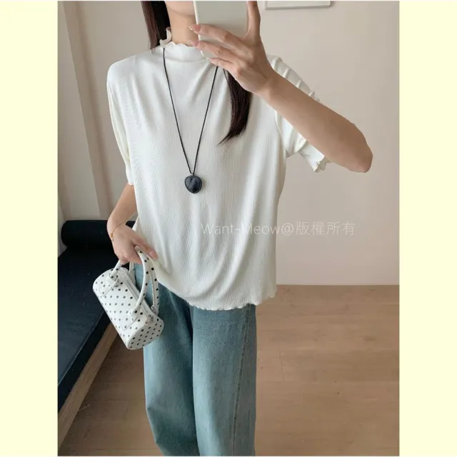 【Want-Meow】90公斤可穿/超彈力百搭日系多層次半高領上衣大學T短袖T(大碼上衣/大碼/大尺碼/短袖上衣)