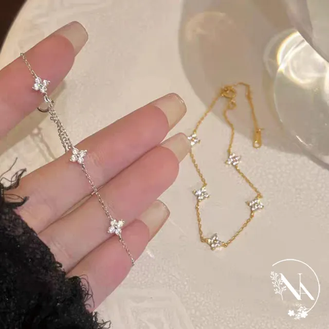 【NANA】娜娜 S925鍍14K金四葉草滿天星手鍊兩色 N115081303(S925 麻花 蝴蝶結 四葉草 滿天星 手鍊 兩色)