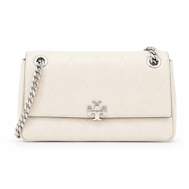 【TORY BURCH】CHARLIE 荔枝紋皮革菱格絎縫翻蓋肩背/斜背包(小/象牙白)