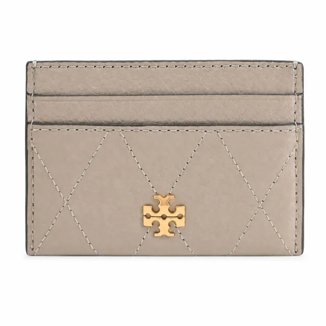 【TORY BURCH】CHARLIE 荔枝紋皮革菱格絎縫卡片夾(柔霧米灰)