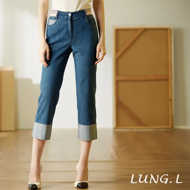 【LUNG.L 林佳樺】LU79E 藍色反摺造型修身八分彈性牛仔褲