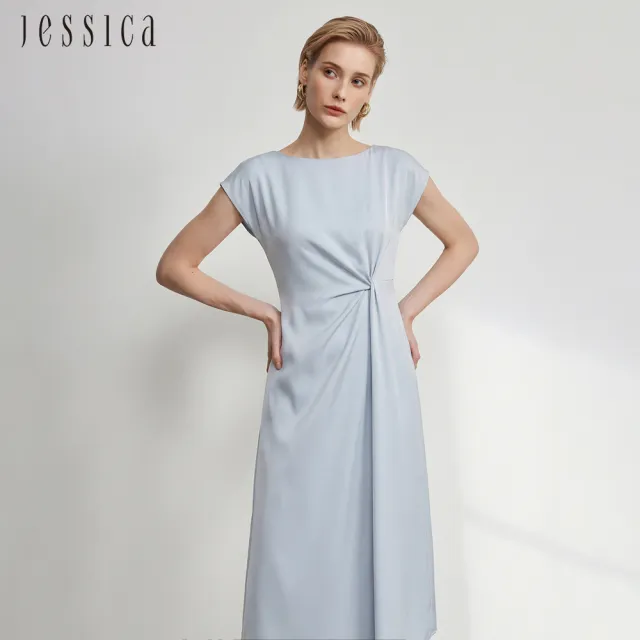 【JESSICA】氣質優雅腰抓皺中長短袖洋裝J63701