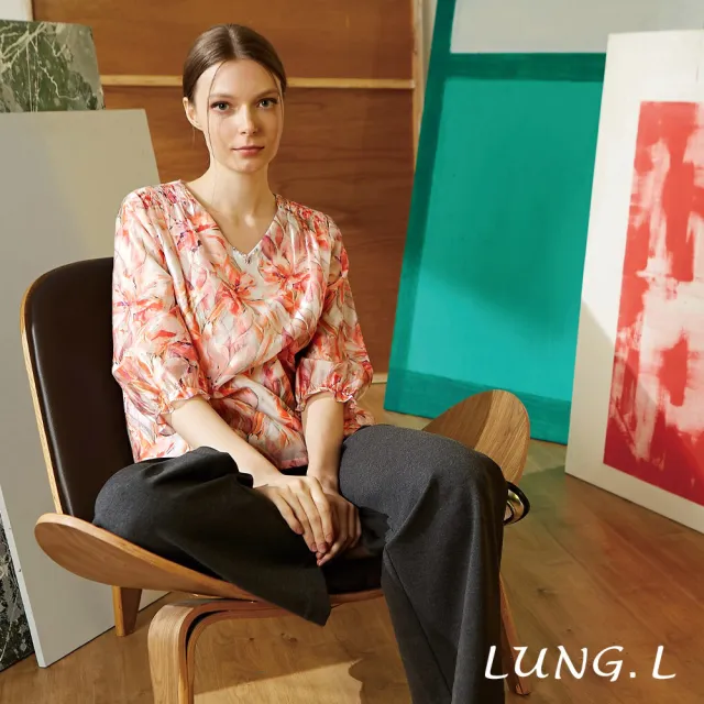 【LUNG.L 林佳樺】LW62A 粉橘水彩花卉小V領天絲棉七分袖女裝上衣