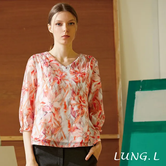 【LUNG.L 林佳樺】LW62A 粉橘水彩花卉小V領天絲棉七分袖女裝上衣