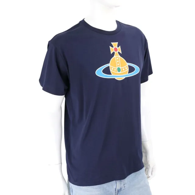 【Vivienne Westwood】男女可穿 星球標誌印花深藍純棉短袖T恤 TEE