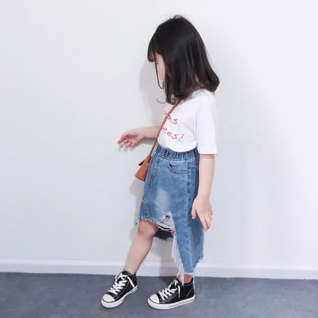 【橘魔法】不規則鬚邊牛仔裙 女童 兒童 童裝 窄裙 牛仔裙 半身裙 裙子