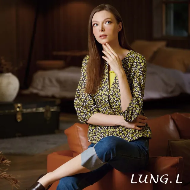 【LUNG.L 林佳樺】LW66A 綠色復古印花假兩件式棉質七分袖女裝上衣