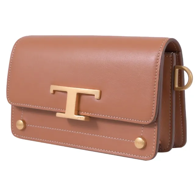 【TOD’S】TODS T Timeless 金屬T釦飾迷你翻蓋斜背包(棕色)