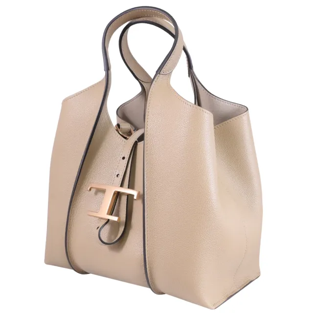 【TOD’S】TODS T Timeless 金屬T LOGO小牛皮附萬用袋托特包兩用包(灰褐)