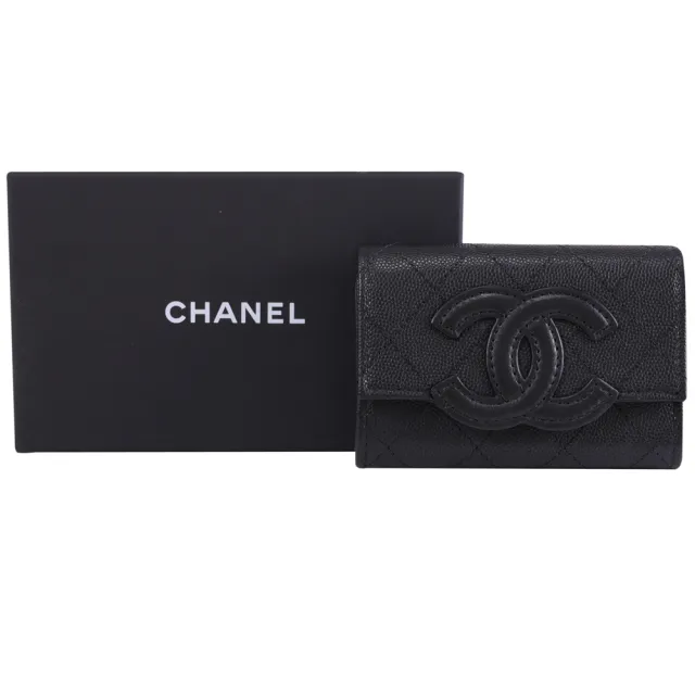 【CHANEL 香奈兒】CC Filigree 經典雙C荔枝牛皮信用卡零錢簡易皮夾(黑)