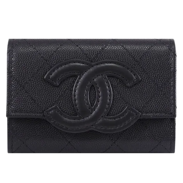 【CHANEL 香奈兒】CC Filigree 經典雙C荔枝牛皮信用卡零錢簡易皮夾(黑)