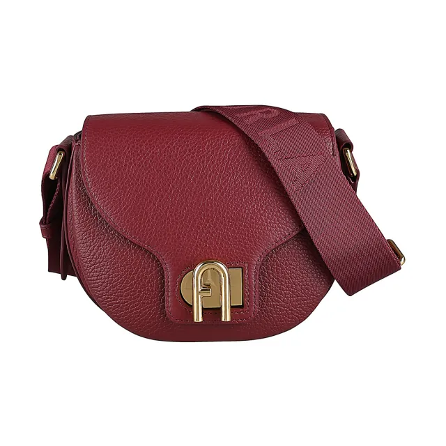 【FURLA 芙拉】FURLA 壓印LOGO LOTUS系列小牛皮拱門鎖扣迷你肩背/斜背包(迷你/紅)
