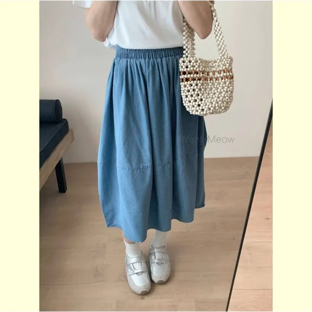 【Want-Meow】80公斤可穿/獨家款日系鬆緊腰牛仔氣球裙顯瘦A字牛仔中長裙牛仔裙(大碼/大尺碼/加大碼/牛仔裙)