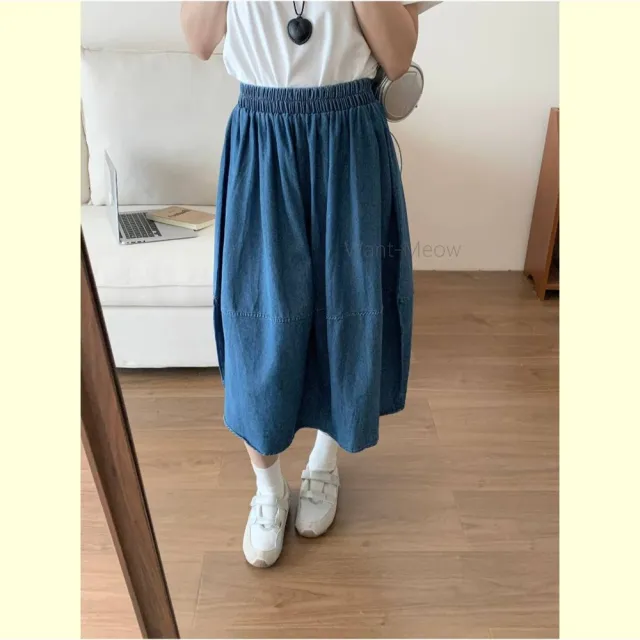 【Want-Meow】80公斤可穿/獨家款日系鬆緊腰牛仔氣球裙顯瘦A字牛仔中長裙牛仔裙(大碼/大尺碼/加大碼/牛仔裙)