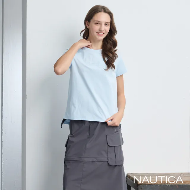 【NAUTICA】官方旗艦 女裝 簡約立體刺繡抗UV短袖T恤(淺藍色)