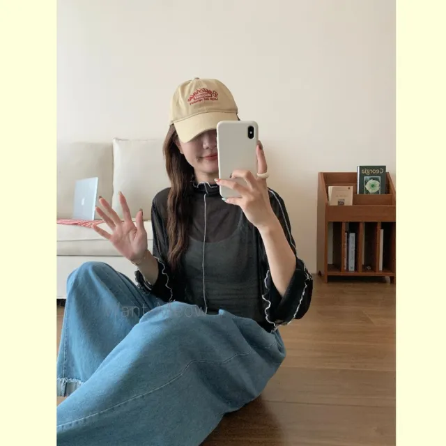【Want-Meow】80公斤可穿/氣質微辣風爆棚撞色中線透膚長袖內搭上衣大學T(大碼上衣/大碼/大尺碼/長袖上衣)