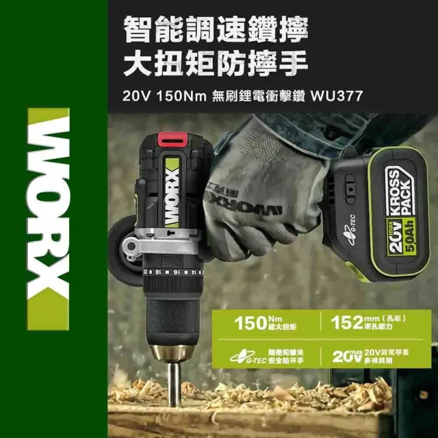【WORX 威克士】20V 13mm 150N.m 衝擊電鑽 WU377.1(大扭力 電鑽 無刷鋰電衝擊鑽 三用震動電鑽 防扭手設計)
