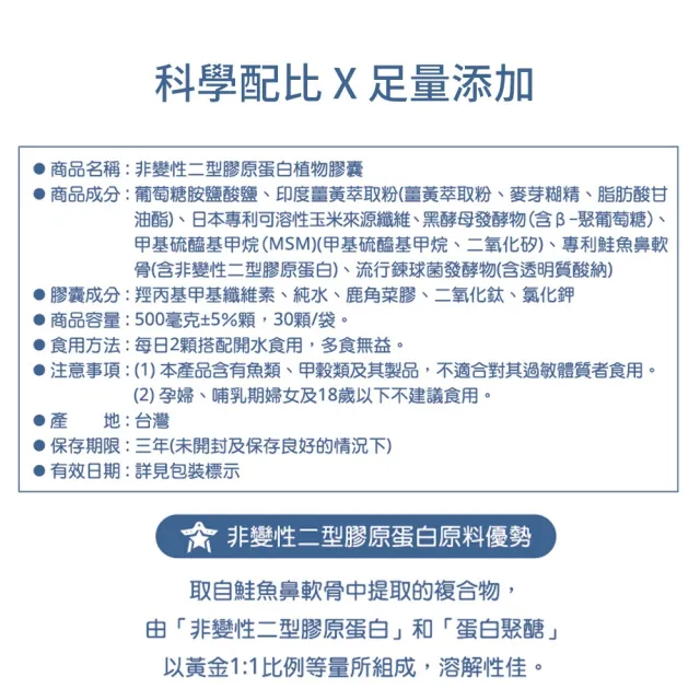 【三十晴】非變性二型膠原蛋白複方膠囊x5袋｜葡萄糖胺×軟骨素×MSM(買3送2)
