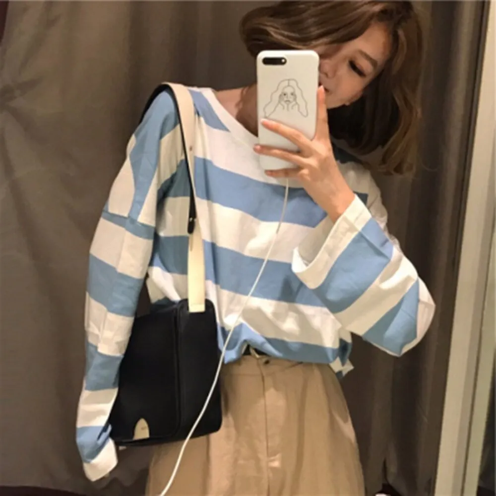 【Uicy】韓版秋冬韓版寬鬆條紋上衣 長袖上衣 長袖t恤 衣服 女T102
