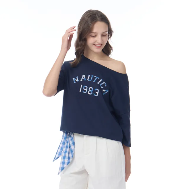 【NAUTICA】官方旗艦 女裝  格紋字母印花短袖T恤(深藍色)