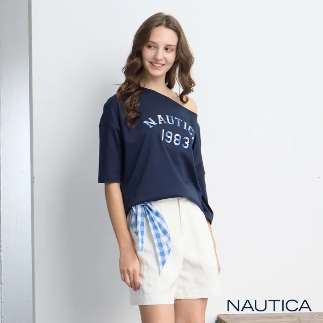 【NAUTICA】官方旗艦 女裝  格紋字母印花短袖T恤(深藍色)