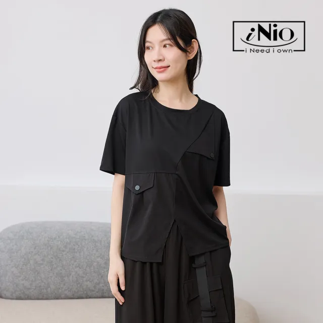 【iNio 衣著美學】不對稱色塊拼接短袖上衣 女落肩圓領棉T 下襬開衩拼接上衣 寬鬆休閒上衣  CHW1128