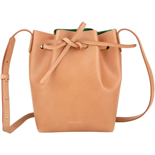 【MANSUR GAVRIEL】Bucket 植鞣小牛皮拼漆皮襯裡束口綁帶斜背水桶包(焦糖褐色 肩背 真皮)