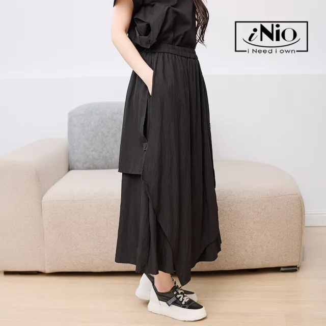 【iNio 衣著美學】立體拼接鬆緊腰造型長裙 女側邊立體線紋長裙 打褶A字裙 隱形口袋休閒長裙  CHW2098