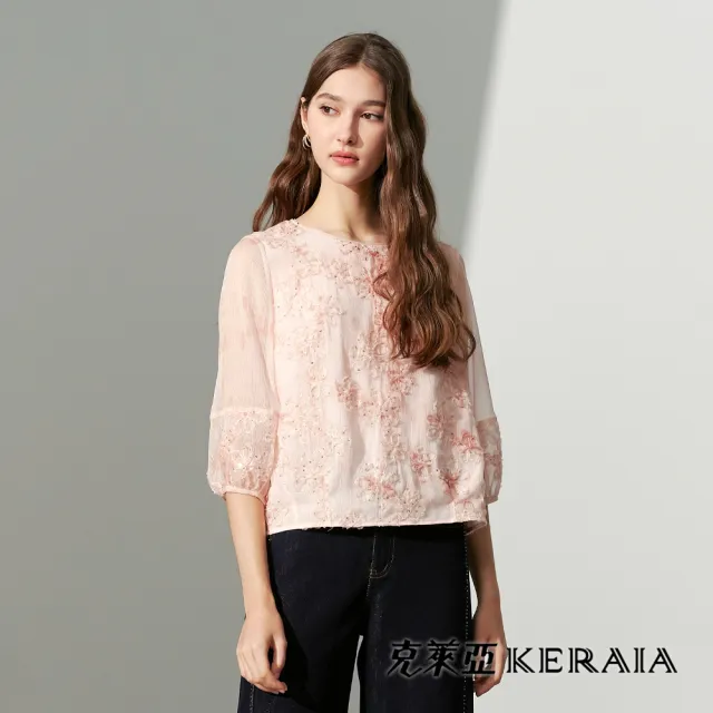 【KERAIA 克萊亞】柔粉微光花海立體亮片花拼接袖上衣