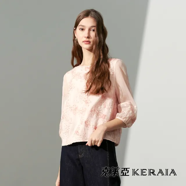 【KERAIA 克萊亞】柔粉微光花海立體亮片花拼接袖上衣