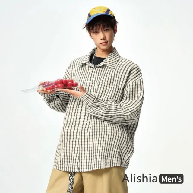 【Alishia】復古百搭經典格紋翻領開襟襯衫 外搭 長袖上衣 M-3XL(藍色 / 藏青色 / 黑色)