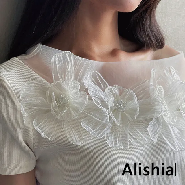 【Alishia】日系甜美蕾絲花邊拼接斜肩收腰短袖上衣 T恤 M-L(杏色 / 藍色)