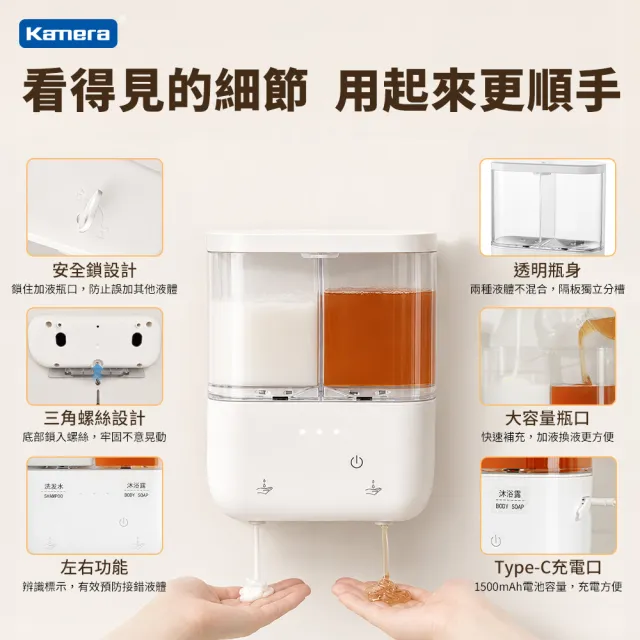 【Kamera 佳美能】壁掛式自動感應雙頭出液皂液機 S1-1 500ml+500ml 大容量 三段調節 IPX5防水 充電式