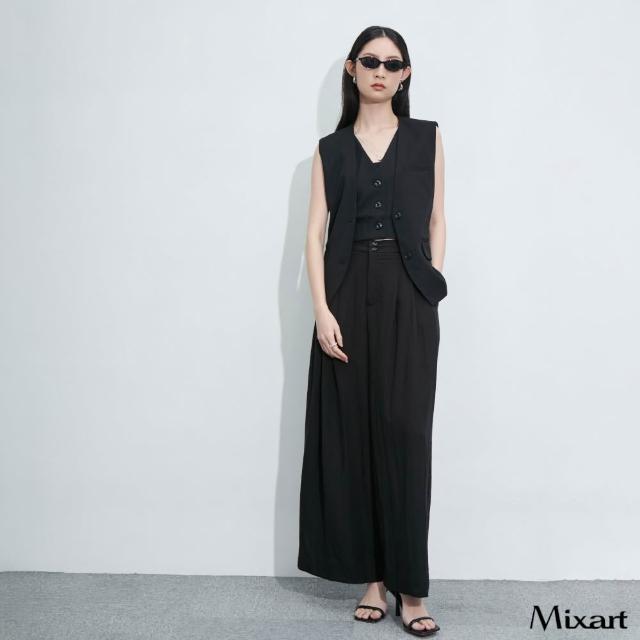 【Mixart】智性美學 摩登黑俐落氣場寬褲