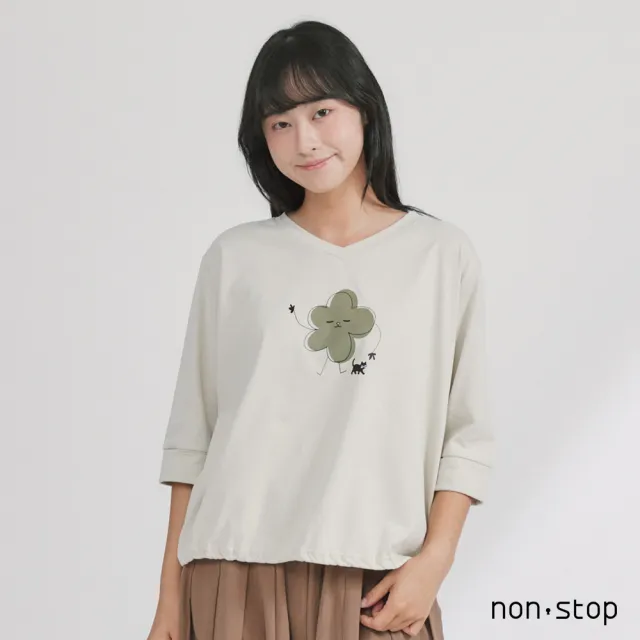 【non-stop】花花逗貓咪V領七分袖T恤-2色