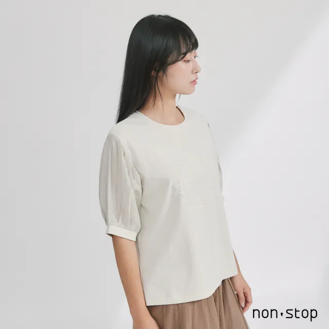 【non-stop】立體刺繡澎袖拼接T恤-2色