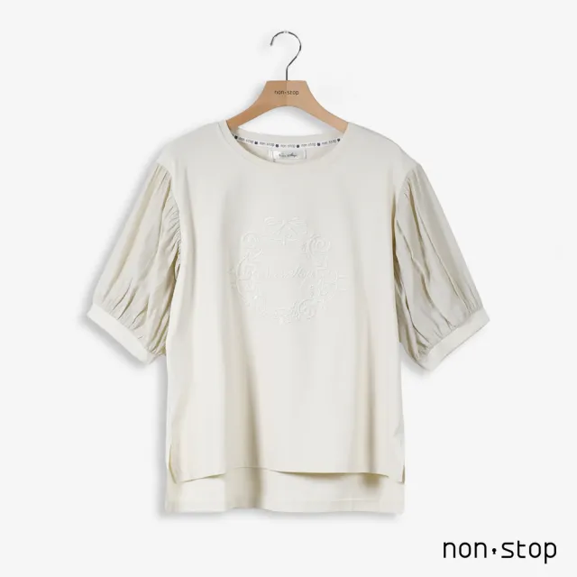 【non-stop】立體刺繡澎袖拼接T恤-2色