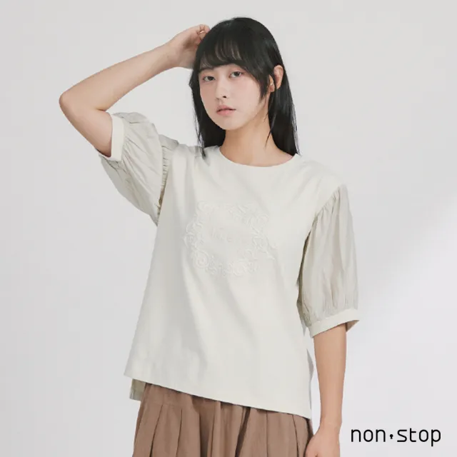 【non-stop】立體刺繡澎袖拼接T恤-2色
