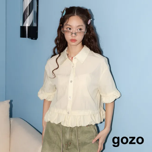 【gozo】涼感天絲造型扣泡泡袖短版襯衫(白色/淺黃)
