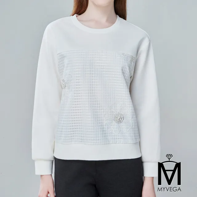 【MYVEGA 麥雪爾】MA異材質拼接亮珠花朵刺繡上衣-白