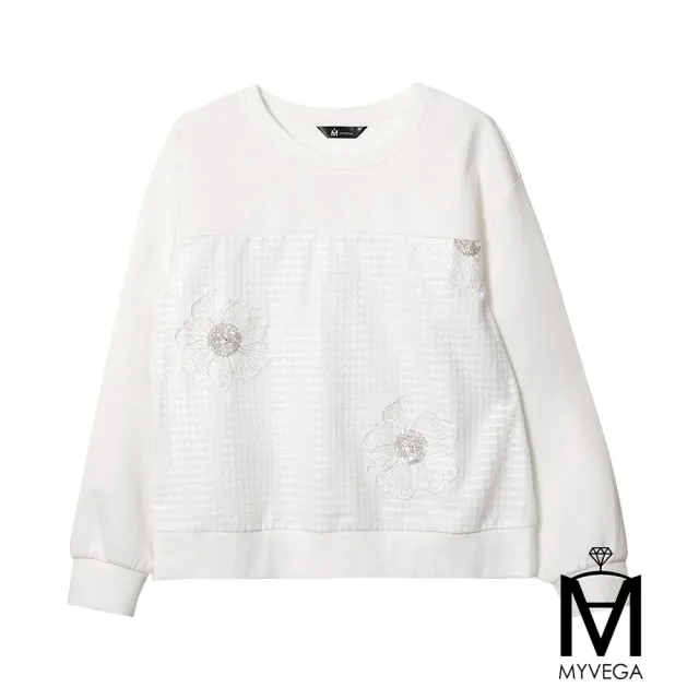 【MYVEGA 麥雪爾】MA異材質拼接亮珠花朵刺繡上衣-白