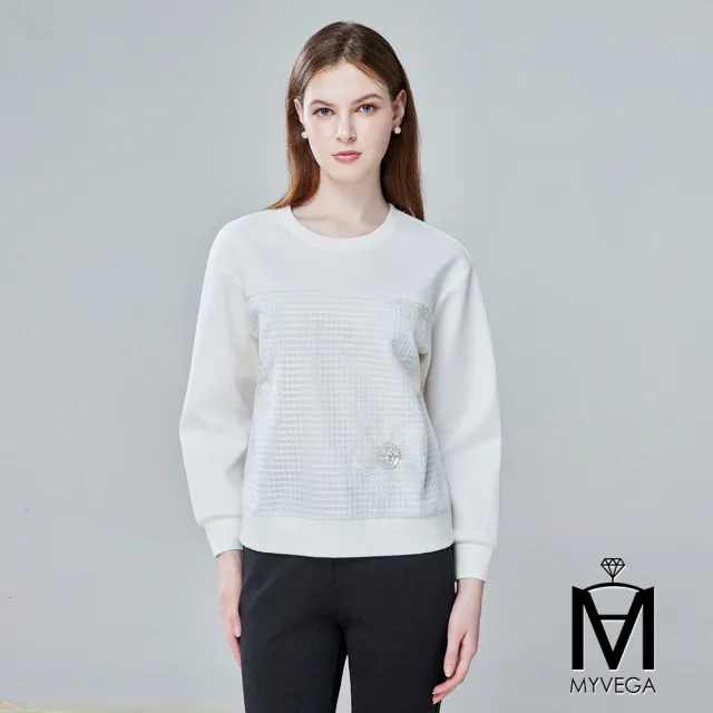 【MYVEGA 麥雪爾】MA異材質拼接亮珠花朵刺繡上衣-白
