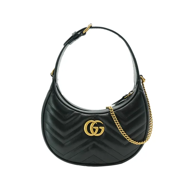 【GUCCI 古馳】Marmont 衍縫小牛皮手提/斜背彎月包(699514-黑)